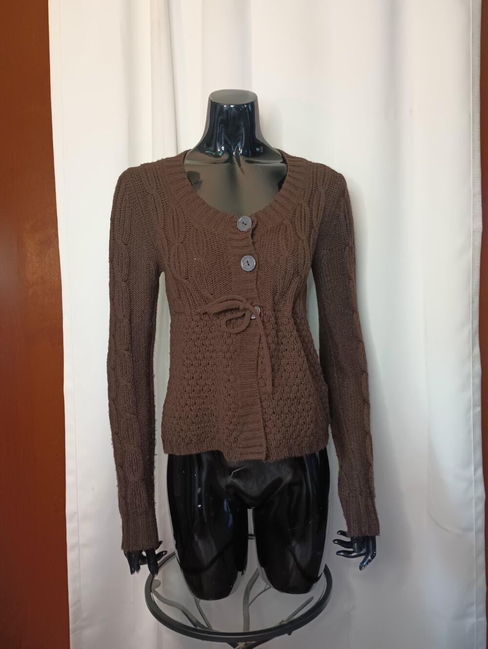 Vtg Derek Heart Women's Y2K Chunky Knit Babydoll Cardigan M/XS Brown Preppy